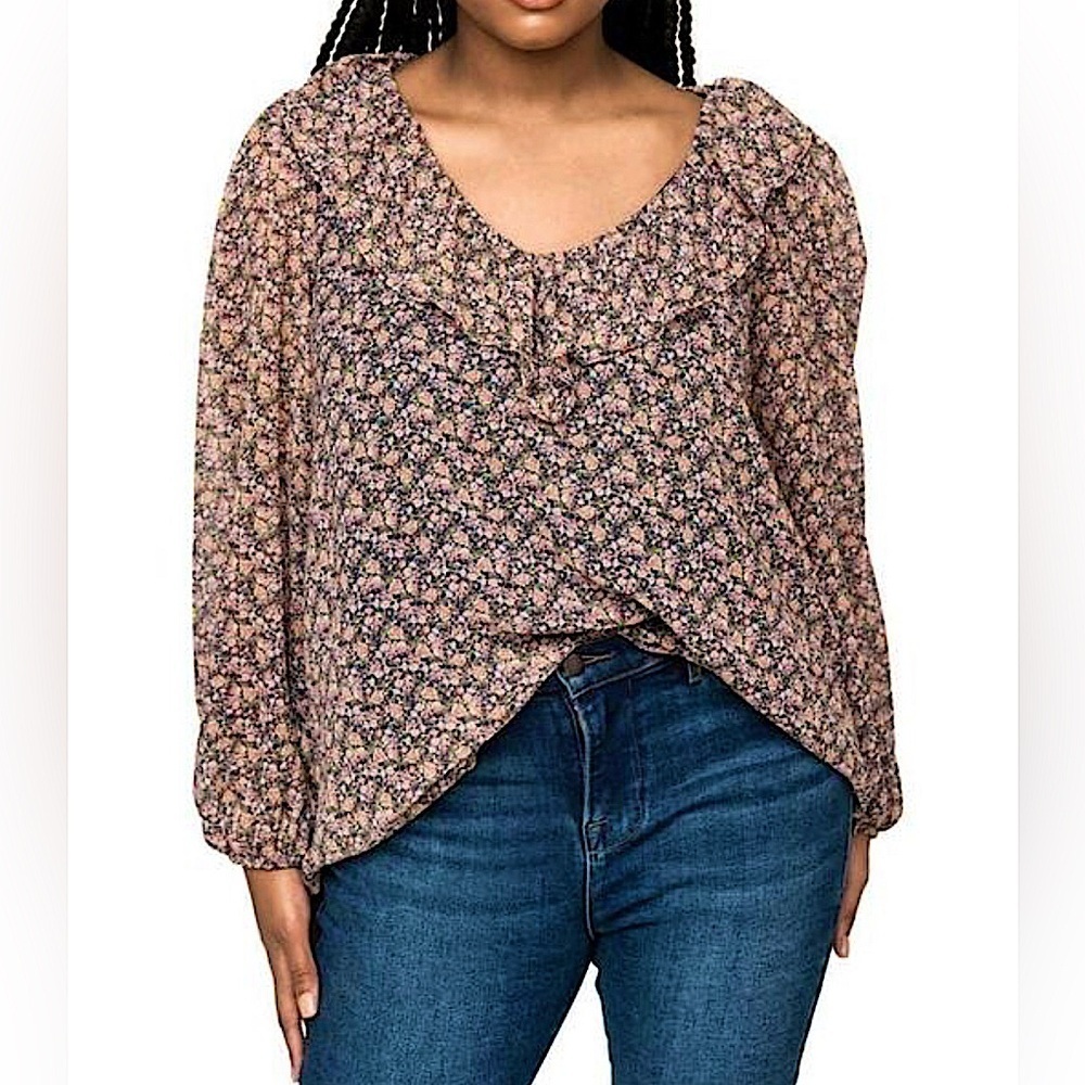 Gibsonlook flowy boho romantic blue Gigi V-Neck Long Sleeve Floral ruffle top XL